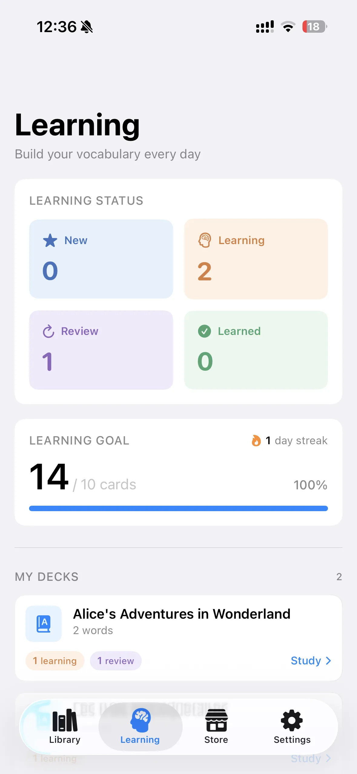 Daily reading goal hit at 100% with a one-day streak