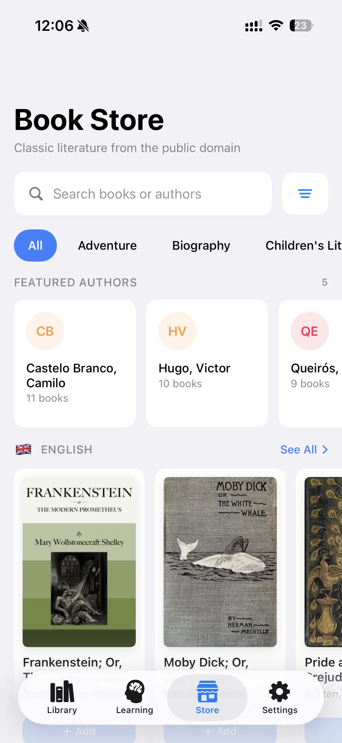 Built-in book store with classic literature in the public domain