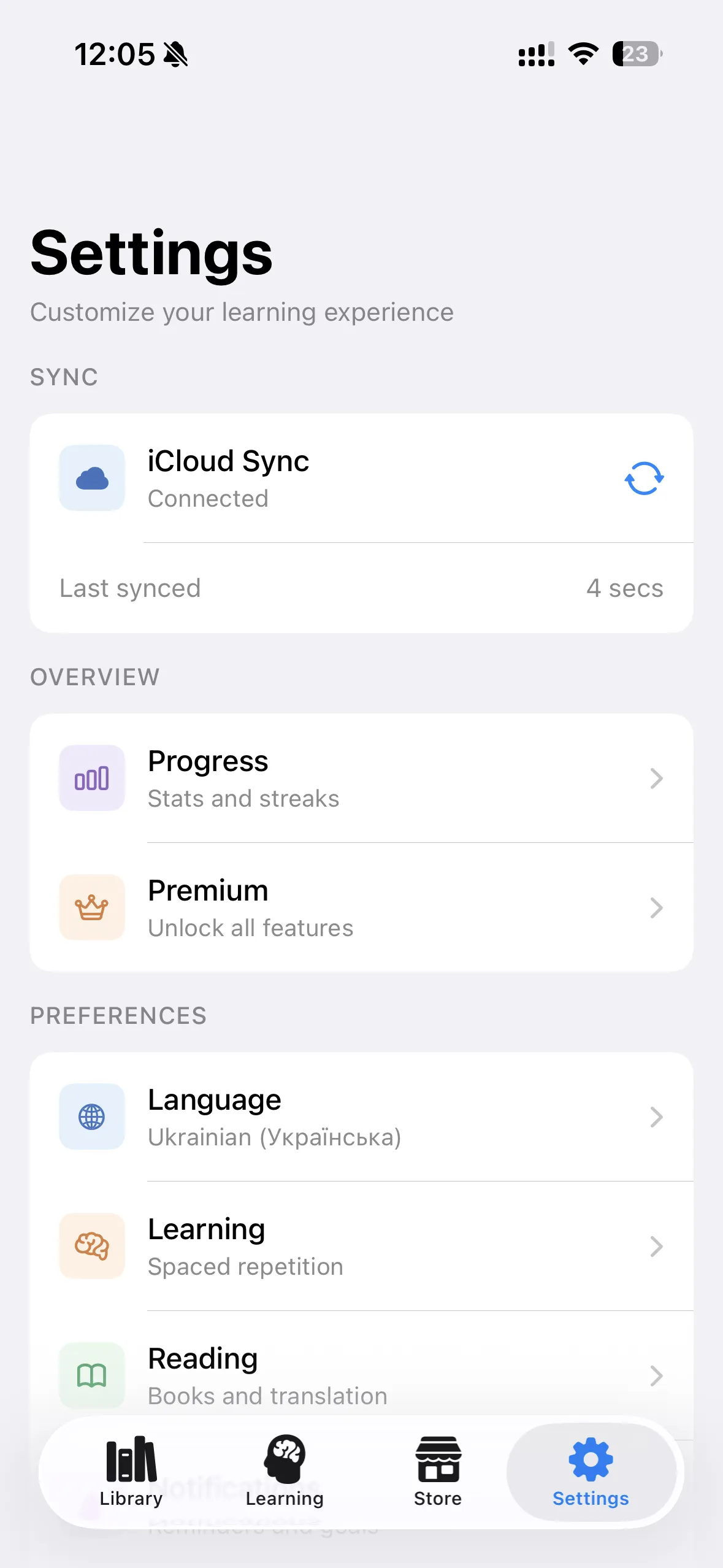 Settings: iCloud sync status, language and reading preferences