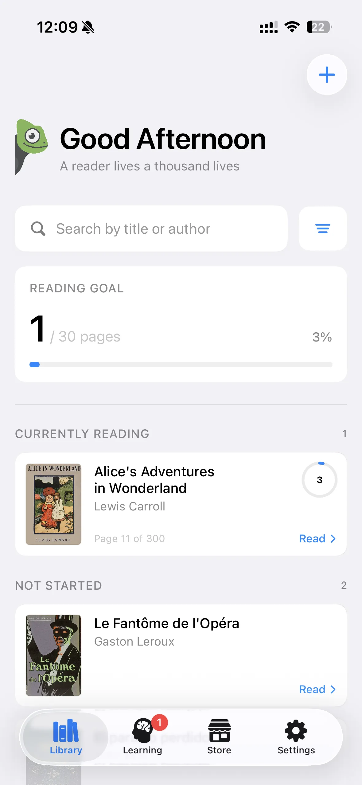 LinguaRead library: greeting, daily reading goal, and books in progress