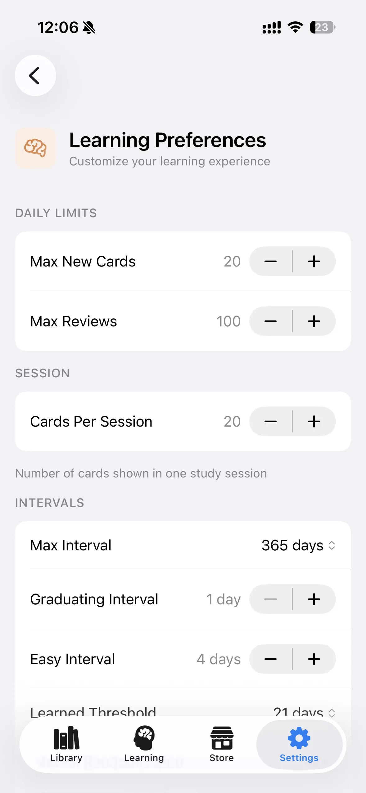 Spaced repetition preferences: daily limits, intervals, learned threshold