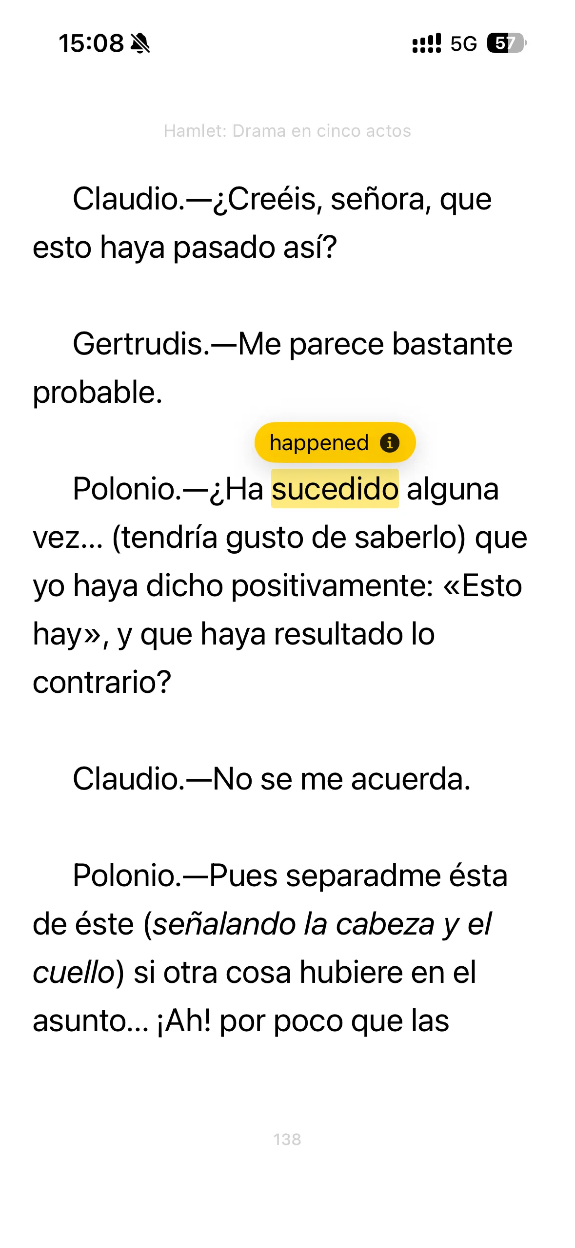 Reading Hamlet in Spanish: the word 'sucedido' is tapped and a yellow pill shows 'happened' inline with the text.