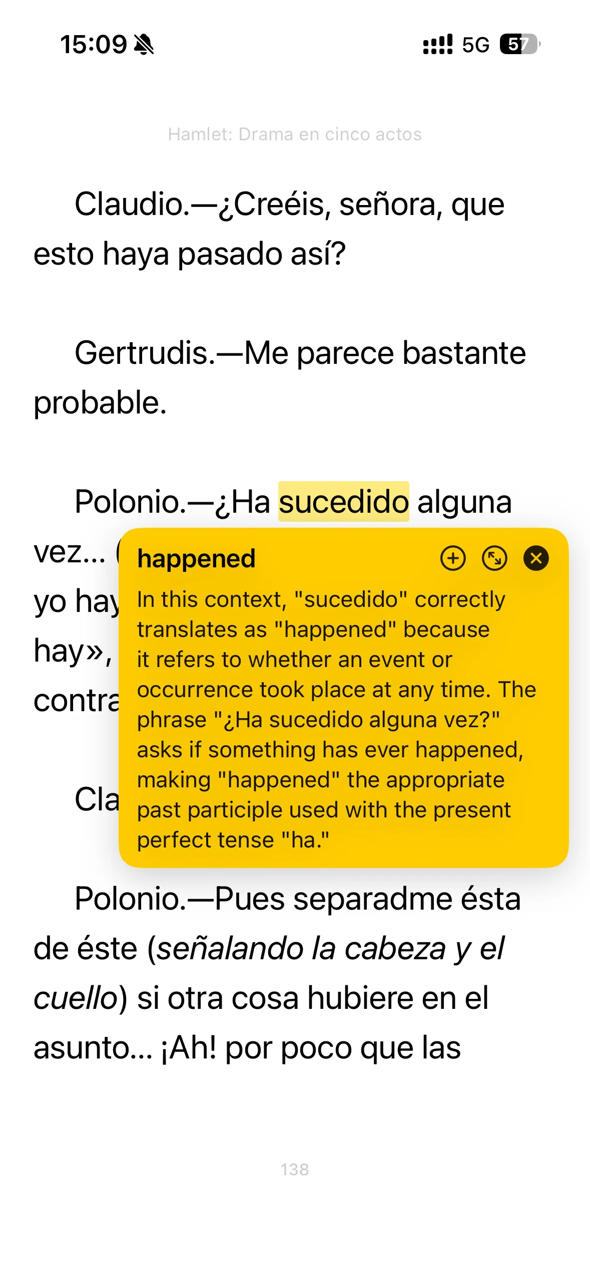 AI explanation card showing why 'sucedido' translates as 'happened' in this context
